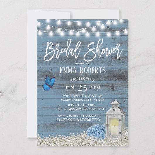 Rustikales Lattern & Blume Dusty Blue Brautparty Einladung (Vorderseite)