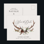 Rustikales Laub und Geweih Save the Date Ankündigungspostkarte<br><div class="desc">Rustikales Laub und Geweih laden Save the Date ein. Mit schönen Aquarelldetails. Diese moderne Hochzeit laden ist sicher zum Set die Art für Ihren großen Tag ein.</div>