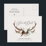 Rustikales Laub und Geweih Save the Date Ankündigungspostkarte<br><div class="desc">Rustikales Laub und Geweih laden Save the Date ein. Mit schönen Aquarelldetails. Diese moderne Hochzeit laden ist sicher zum Set die Art für Ihren großen Tag ein.</div>