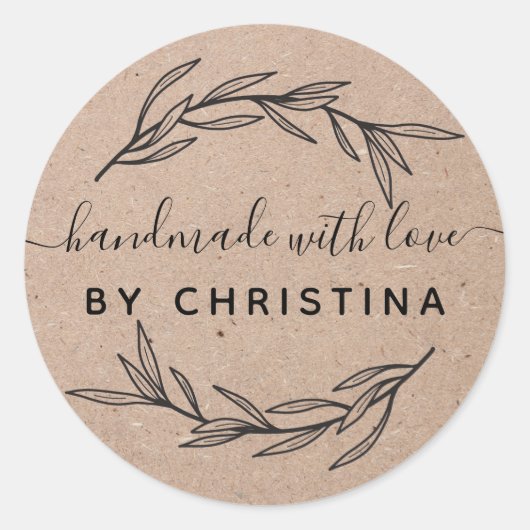 Rustikales Laurel Leaf handgefertigt mit Liebe Runder Aufkleber (Vorderseite)
