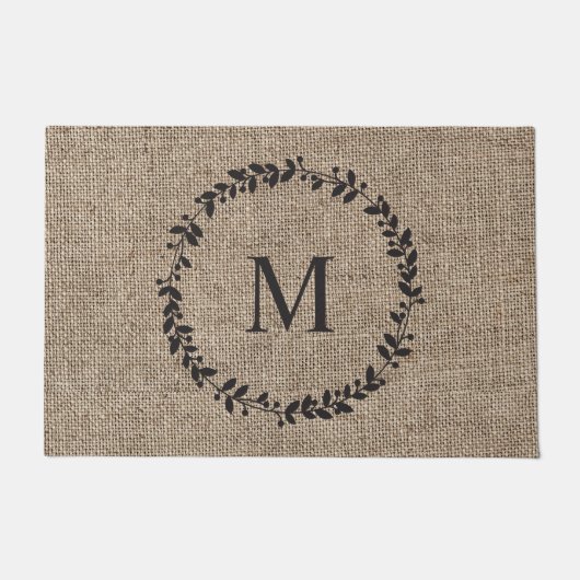 Rustikales Laurel Wreath Bauernhof Burlap Mit Mono Fußmatte (Vorderseite)