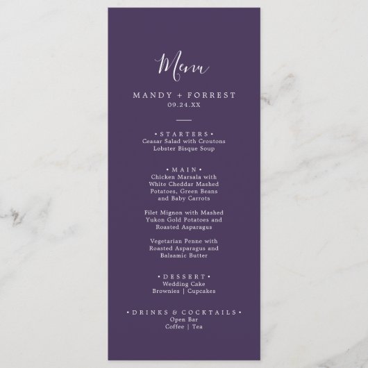 Rustikales Lavendel-Coordinate Pflaume Hochzeitses Menükarte (Vorderseite)
