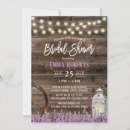 Rustikales Lavendel-Weiße Laternengebirge Brautpar Einladung (Vorderseite)