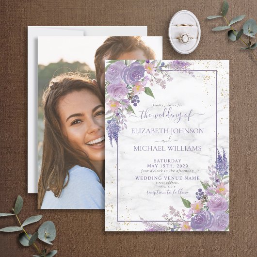 Rustikales Lavender Lilac Gold Floral Foto Hochzei Einladung