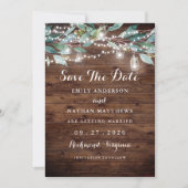 Rustikales Leaf String lights Holz Save the Date (Vorderseite)