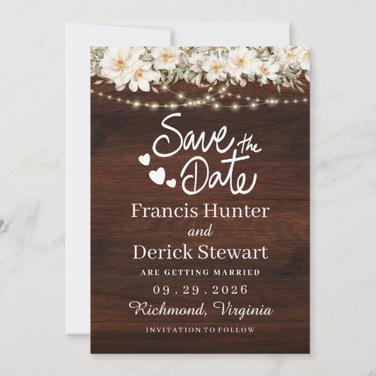 Rustikales Leaf String lights Holz Save the Date Einladung (Vorderseite)