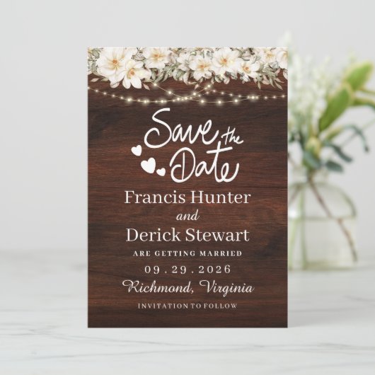 Rustikales Leaf String lights Holz Save the Date Einladung (Stehend Vorderseite)