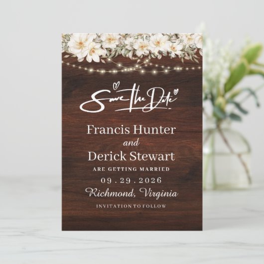 Rustikales Leaf String lights Holz Save the Date Einladung (Stehend Vorderseite)