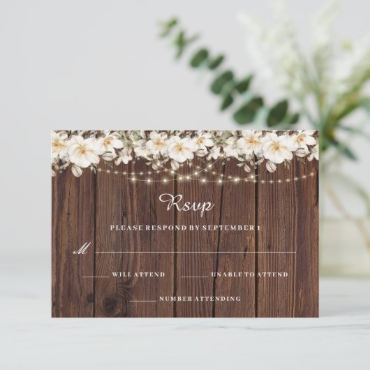 Rustikales Leaf String lights Wood Wedding RSVP (Stehend Vorderseite)