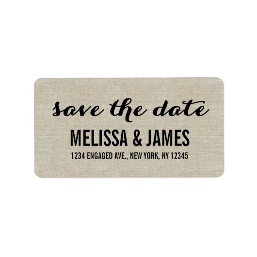 Rustikales Leinen-Script Save-the-Date Adressaufkleber (Vorne)