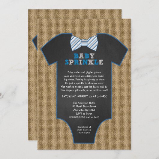 Rustikales Leinwand-Bogen-Krawatten-Shirtjunge Einladung (Vorne/Hinten)