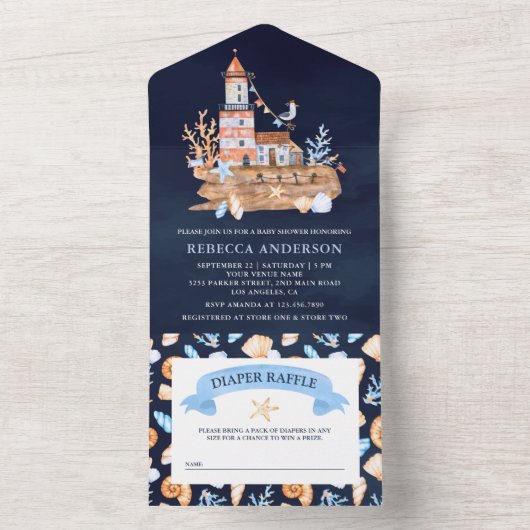 Rustikales Leuchtturm Navy Blue Baby Dusche All In One Einladung (Innen Boden)