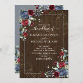 Rustikales Licht Dusty Blue Burgundy Wood Floral Einladung (Vorne/Hinten)