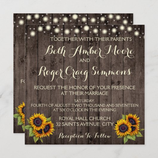 Rustikales Licht Holz Sonnenblumen Einladung Hochz (Vorne/Hinten)