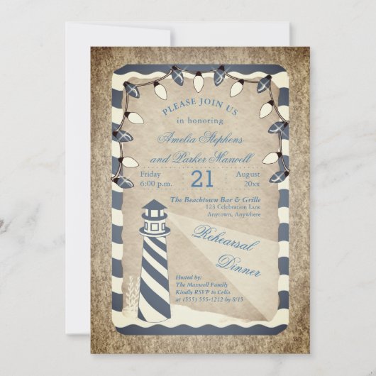 Rustikales Lighthouse Beach Probe Dinner Einladung (Vorderseite)