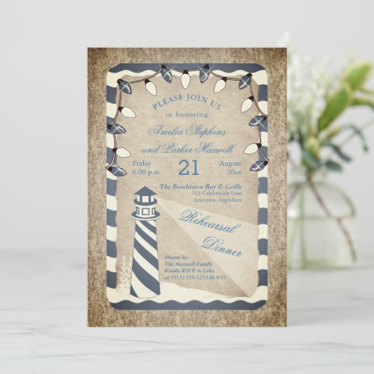 Rustikales Lighthouse Beach Probe Dinner Einladung (Stehend Vorderseite)