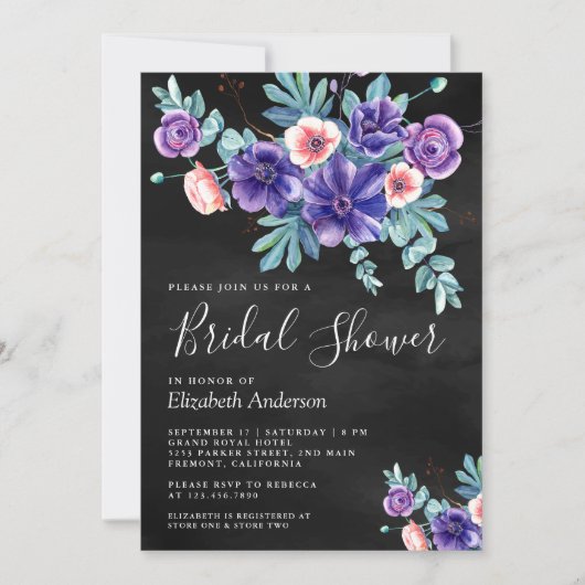 Rustikales Lila Anemones Bouquet Black Brautparty Einladung (Vorderseite)