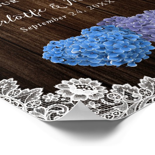 Rustikales Lila Blue Lace Hochzeitszeichen Poster (Ecke)