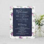 Rustikales lila Blumen-Hochzeitsprogramm in Marine (Stehend Vorderseite)
