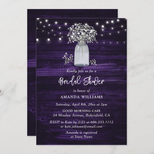 Rustikales Lila Brautparty Einladung (Vorne/Hinten)