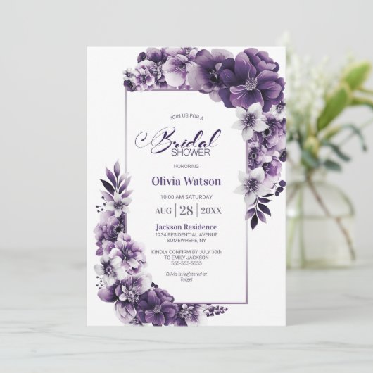 Rustikales Lila Brautparty Einladung (Stehend Vorderseite)