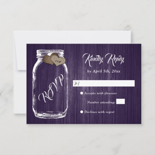 Rustikales Lila Land Holz Herz Mason Jar Wedding RSVP Karte (Vorderseite)