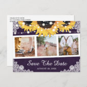 Rustikales Lila Sonnenblumen-Foto Save the Date Ankündigungspostkarte (Vorne/Hinten)