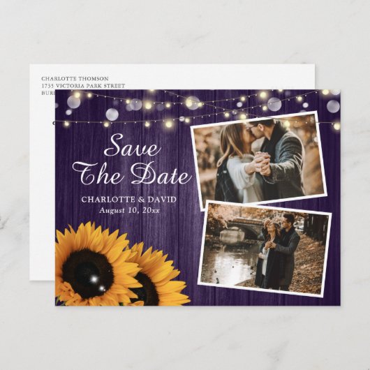 Rustikales Lila Sonnenblumenöl Save the Date Foto Ankündigungspostkarte (Vorne/Hinten)