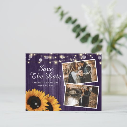 Rustikales Lila Sonnenblumenöl Save the Date Foto Ankündigungspostkarte (Stehend Vorderseite)