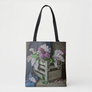 Rustikales Lila und weißes Lilacs Blumenkohl Foto Tasche