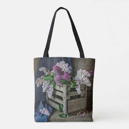 Rustikales Lila und weißes Lilacs Blumenkohl Foto Tasche (Rückseite)