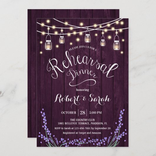 Rustikales Lila Wood Lavender Probe Abendessen Einladung (Vorne/Hinten)