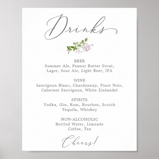 Rustikales Lilac Wedding Drink Menü Zeichen Poster (Vorne)