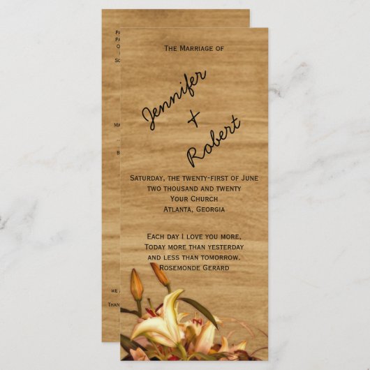 Rustikales Lily Watercolor Hochzeitsprogramm Programm (Vorne/Hinten)