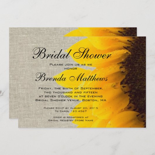 Rustikales Linen Sonnenblume Brautdusche Einladung (Vorne/Hinten)