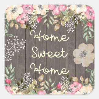 Rustikales Look Zuhause Sweet Zuhause Floral Wood Quadratischer Aufkleber