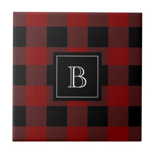 Rustikales Lumberjack Buffalo Kariert Monogram Ini Fliese (Vorderseite)