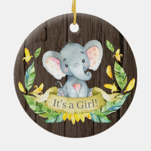 Rustikales Mädchen Elephant Babydusche gelb Keramik Ornament (Hinten)