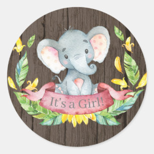 Rustikales Mädchen Elephant Babydusche Rosa Runder Aufkleber