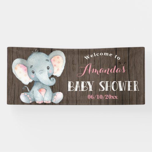 Rustikales Mädchen Elephant Babydusche Rosa und Gr Banner (Horizontal)
