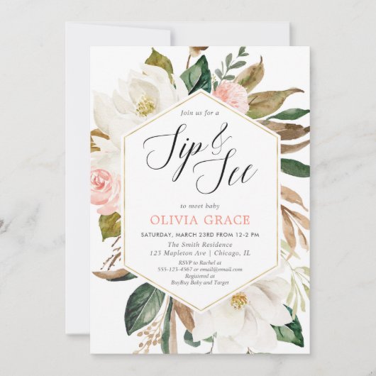 Rustikales Magnolia Blumengrün Mädchen Schluck see Einladung (Vorderseite)