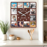 Rustikales Mahogany-Holzhaus 12 FotoCollage Quadratische Wanduhr<br><div class="desc">Rustikales Mahogany Barn Wood Bauernhaus 12 Foto Collage Square Wall Uhr. Große schöne rustikale weiße Scheune Vintages Holz personalisierten Familiennamen Jahr etablierte Wand Dekoration Uhr. Die perfekte Holzbank aus Holz für Zuhause oder Küche.</div>