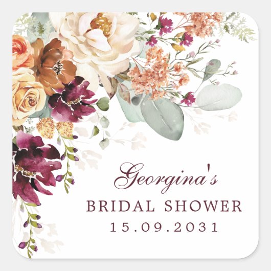 Rustikales Maroon Terracotta Brautparty Favoriten Quadratischer Aufkleber (Vorderseite)