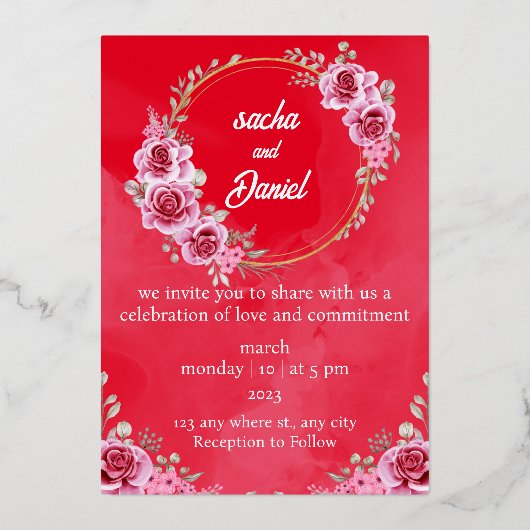 Rustikales Maroon Winter Wedding Floral Foil Einla Folieneinladung (Vorderseite)