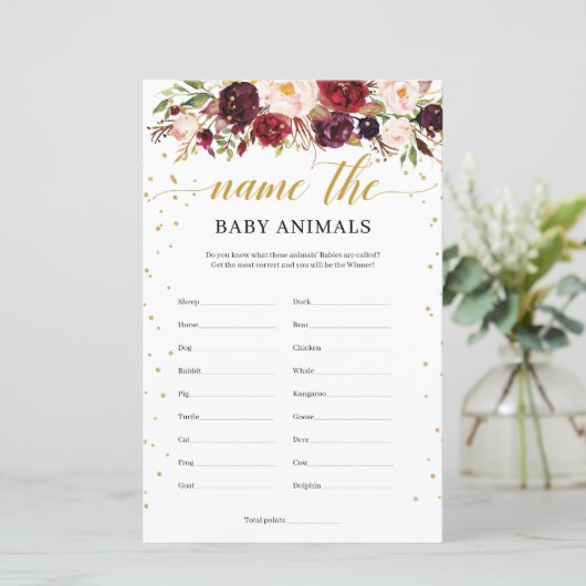 Rustikales Marsala boho Name Baby animal game (Stehend Vorderseite)