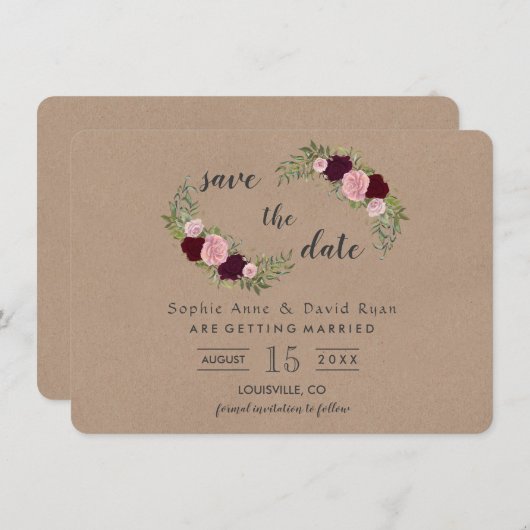 Rustikales Marsala Floral Craft Papier Save the Da Save The Date (Vorne/Hinten)