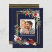 Rustikales Marsala Floral Navy Foto Save the Date Ankündigungspostkarte (Vorne/Hinten)