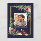 Rustikales Marsala Floral Navy Foto Save the Date Ankündigungspostkarte (Vorderseite)