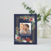 Rustikales Marsala Floral Navy Foto Save the Date Ankündigungspostkarte (Stehend Vorderseite)