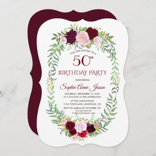 Rustikales Marsala Floral Wreath 50. Geburtstag Einladung (Vorne/Hinten)